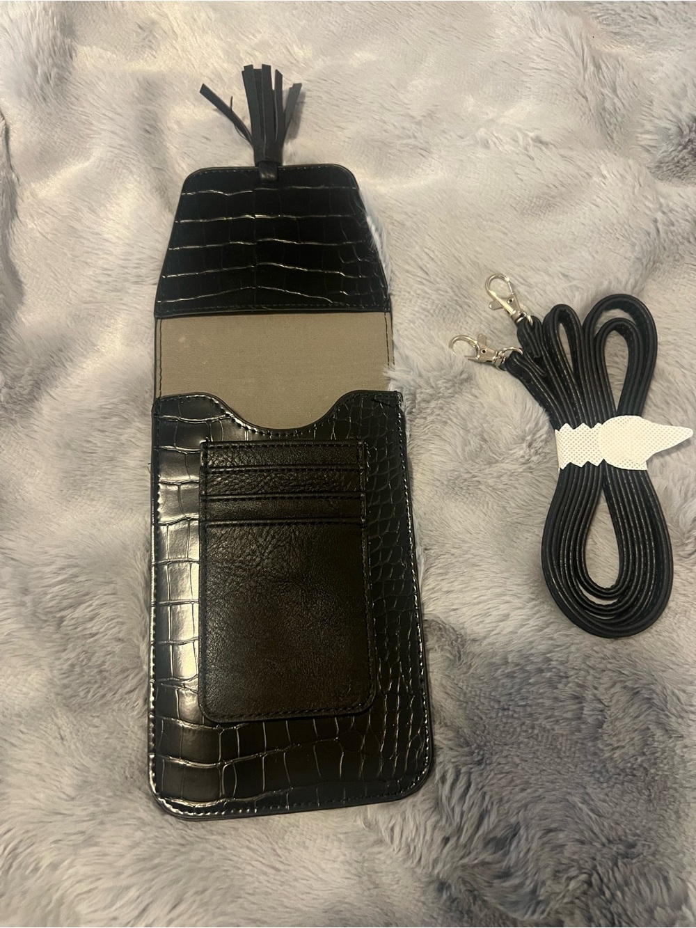 Black Croc-Embossed Leather Crossbody Card & Key Holder